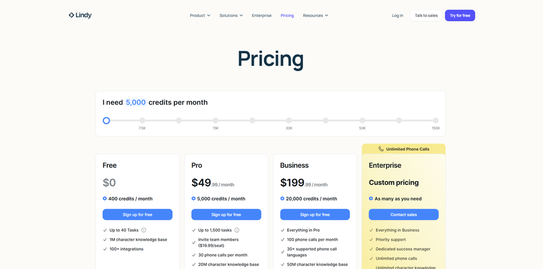 Lindy AI pricing plans based on task credits, offering a flexible way to build an AI workforce as a Zapier alternative.