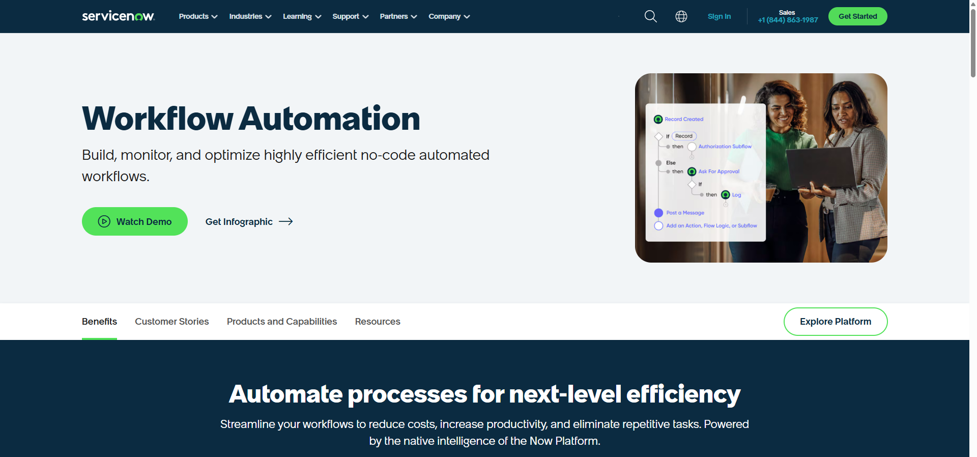 ServiceNow no-code workflow automation dashboard, an enterprise-scale alternative to Blue Prism.