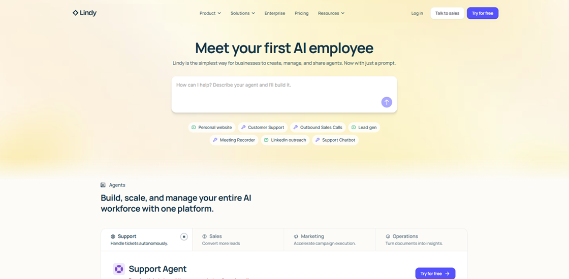 Lindy AI employee platform for managing autonomous agents with prompts, a next-gen generative Zapier alternative.