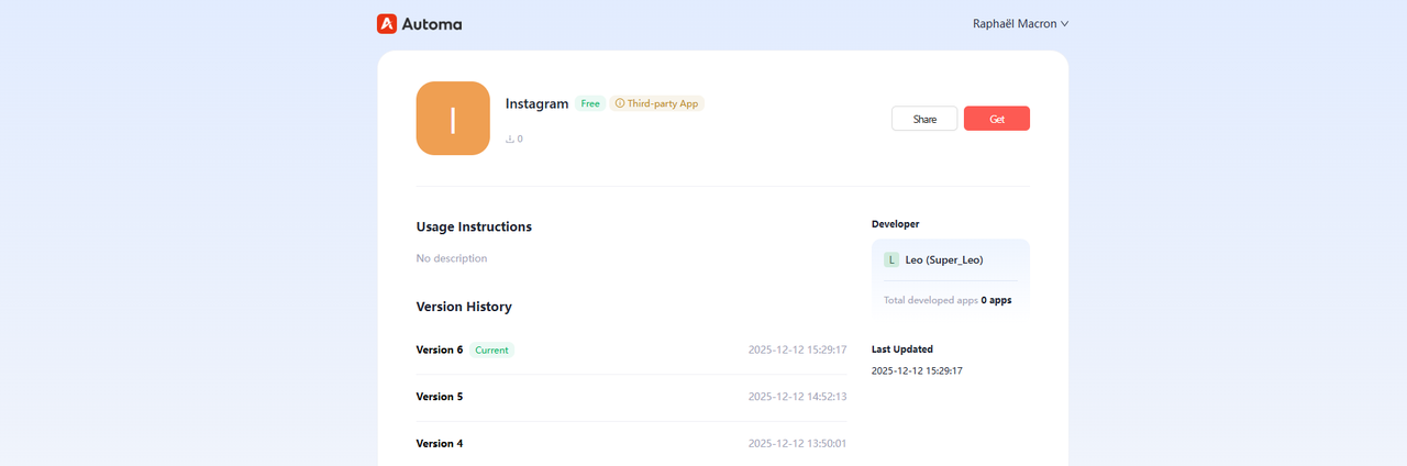 Automa app page for Instagram third-party automation workflow application