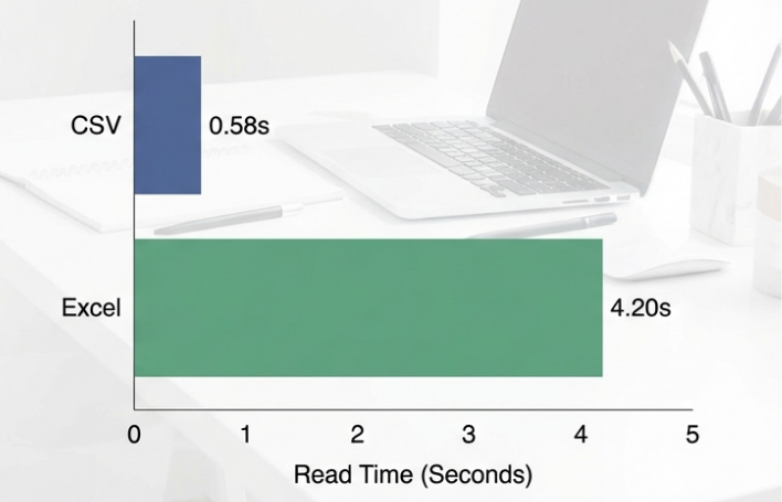 Bar chart comparing data read times: CSV at 0.58s vs Excel at 4.20s, proving the superior speed and efficiency of CSV for large datasets.
