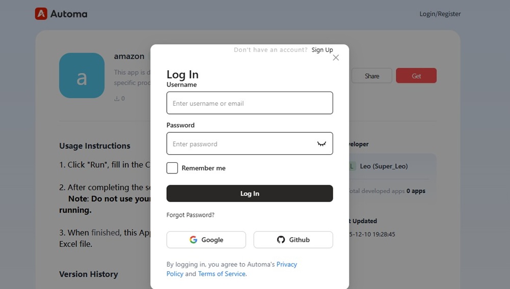 Automa login pop-up window with username and password fields
