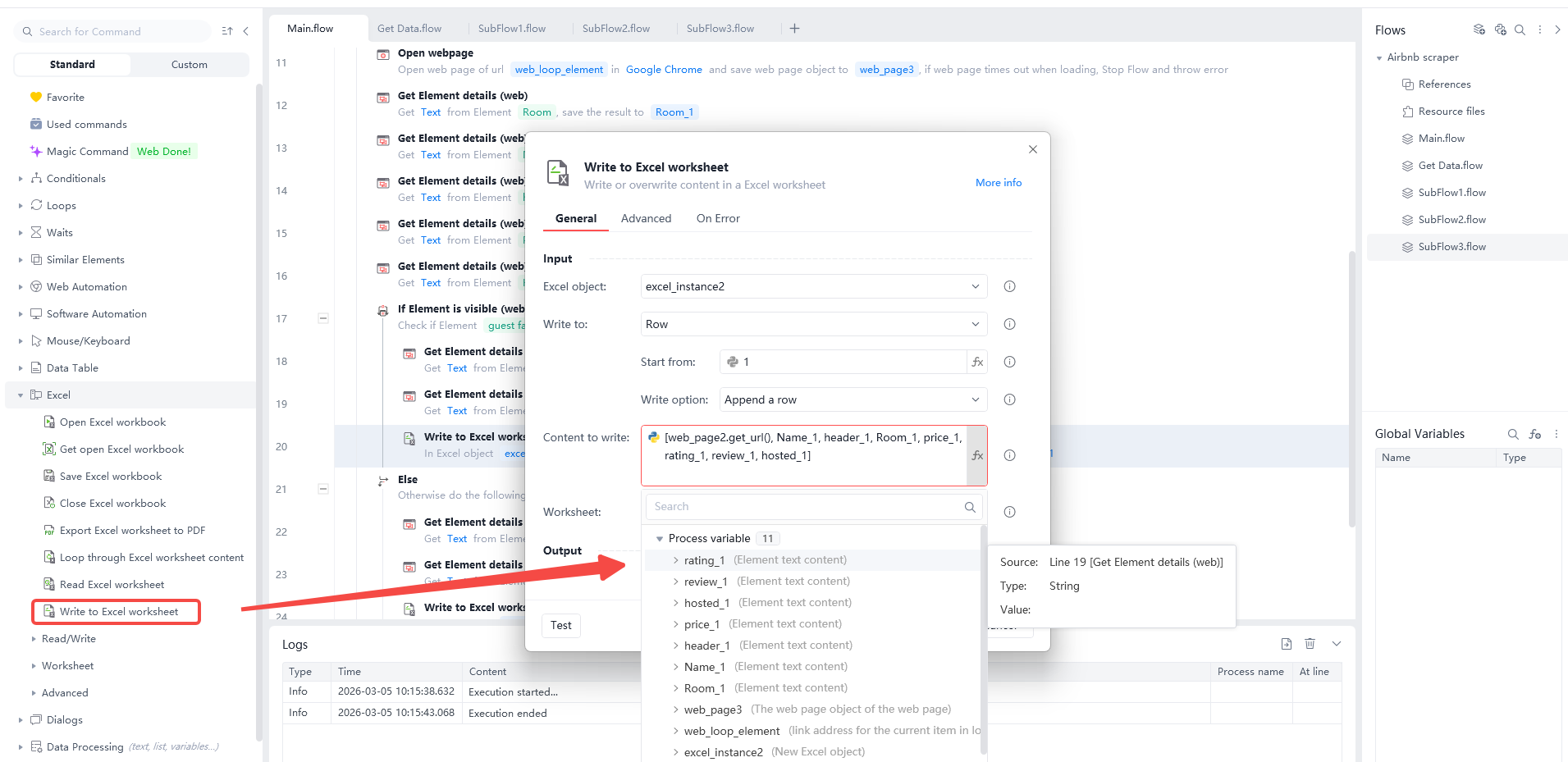 Mapping process variables like rating, reviews, and host name to an Excel worksheet for organized Airbnb data export in Automa.