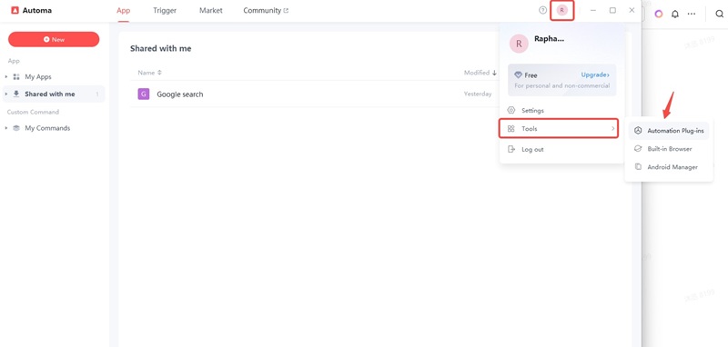 Automa dashboard user menu showing tools and automation plugins