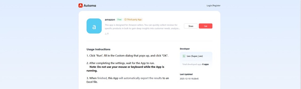 Automa App store page for the Amazon product review scraper tool