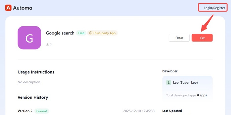 Automa marketplace page to get Google search automation application