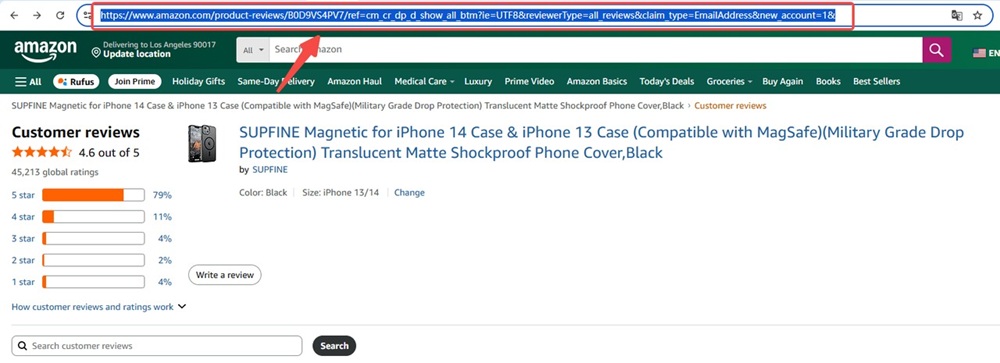 Browser URL bar showing Amazon product customer reviews page link