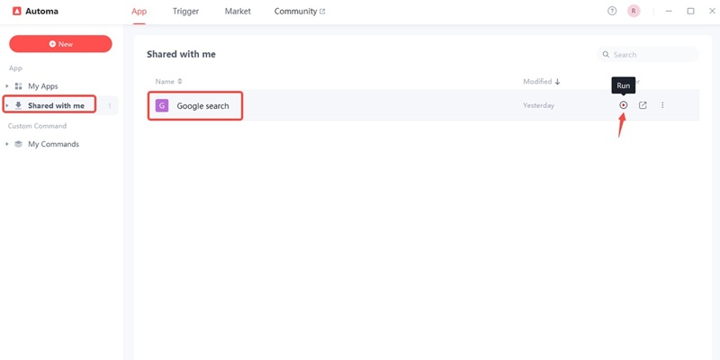 Automa dashboard with Google search app selected showing the run button