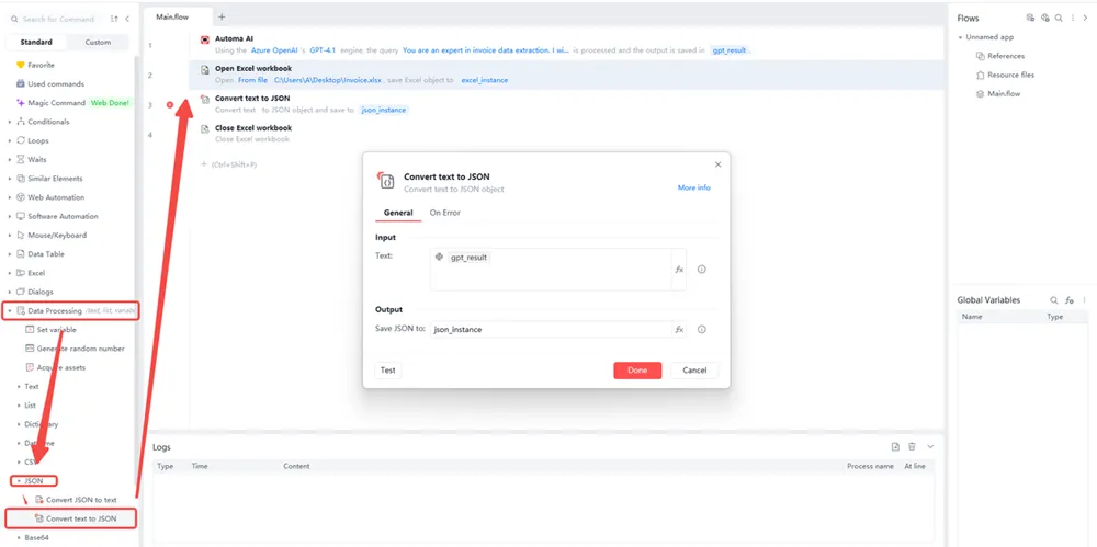 Automa workflow converting invoice text data to JSON for processing