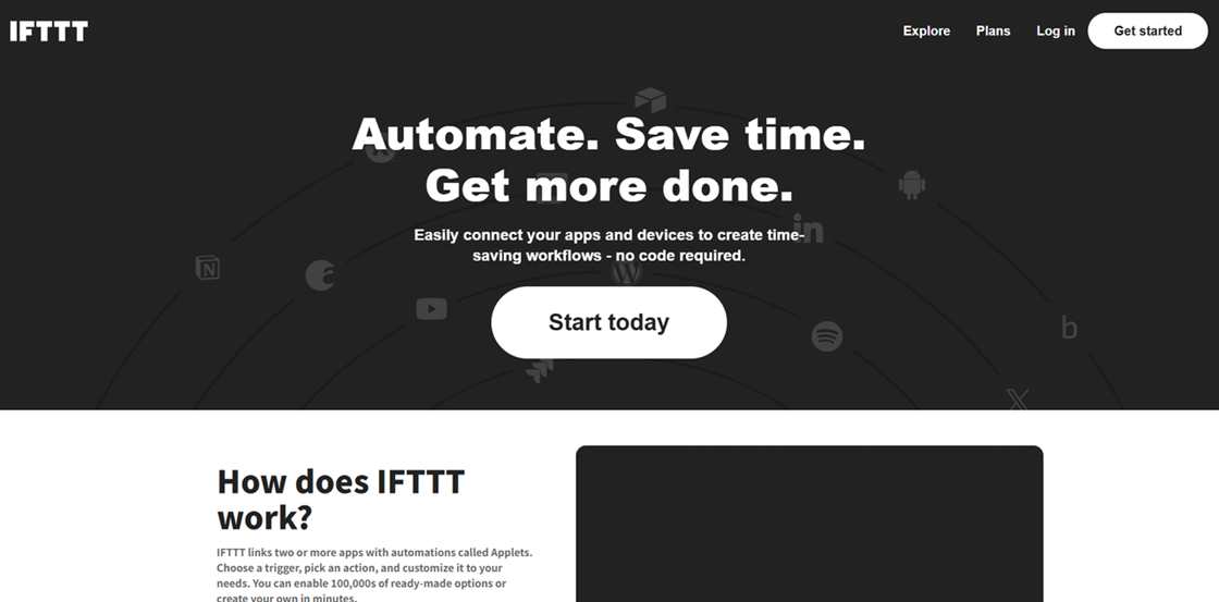 IFTTT time-saving automation platform using Applets to connect apps and devices, a popular mobile-friendly Zapier alternative.