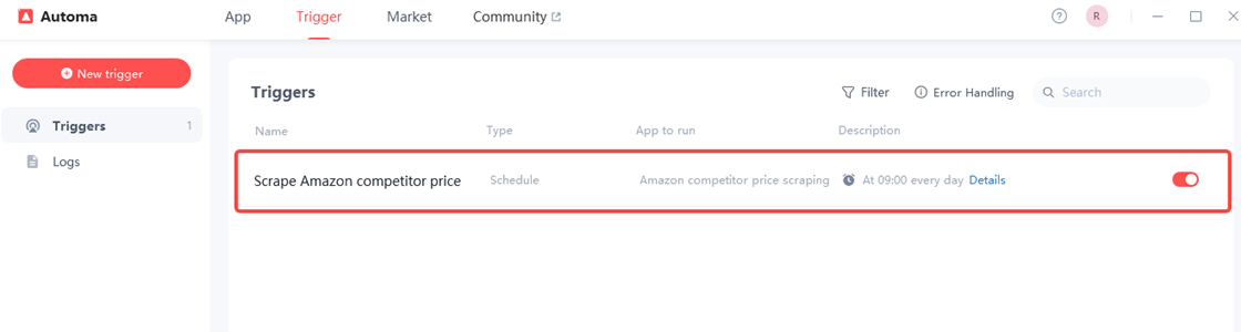 Scheduled trigger dashboard for daily automated tasks like scraping prices from websites.