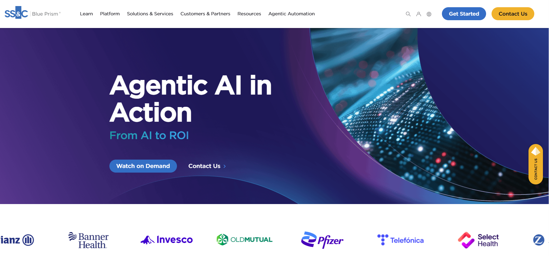 SS&C Blue Prism landing page featuring Agentic AI and ROI for financial sectors looking for secure automation anywhere alternatives.