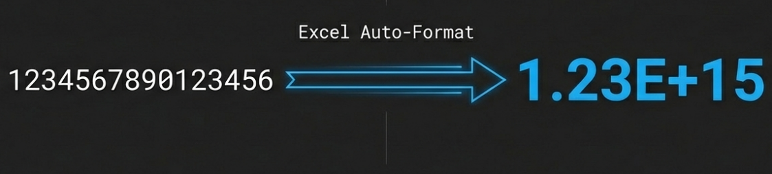 Illustration of Excel auto-format corruption where a long numerical string is converted into scientific notation (1.23E+15), a risk avoided by using CSV.