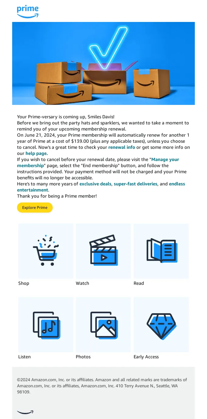 Amazon renewal reminders email