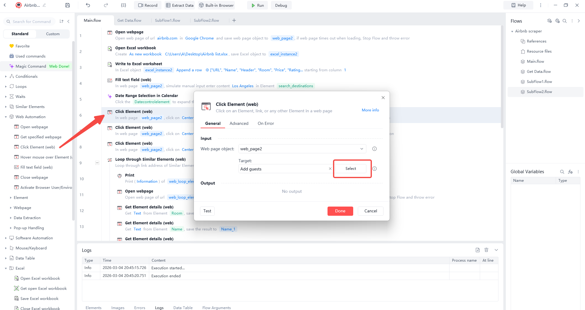 Configuring the 'Click Element' command in Automa to target the guest selection button for automated Airbnb data extraction.