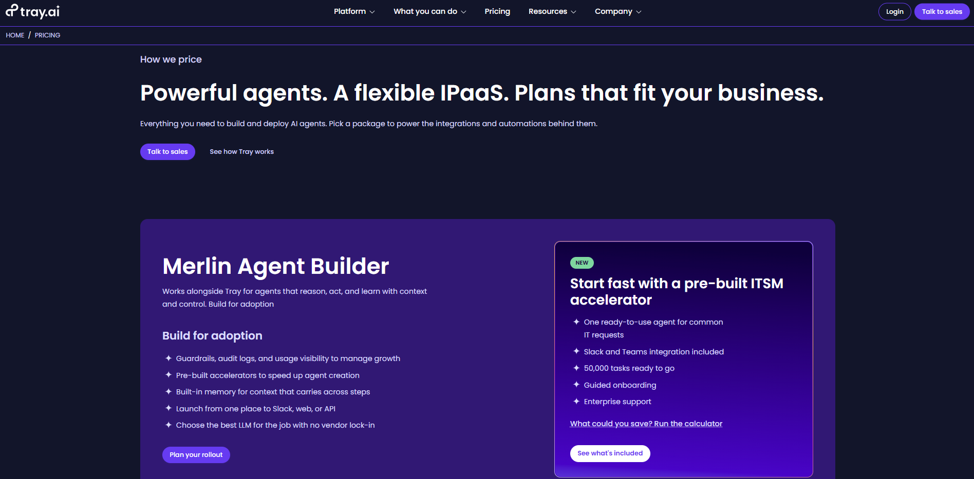 Tray.ai Merlin Agent pricing for AI-focused power automate alternatives.