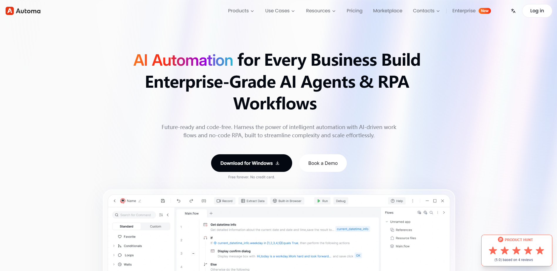 Automa landing page highlighting enterprise-grade AI agents and agile, code-free RPA as a modern automation anywhere alternative.
