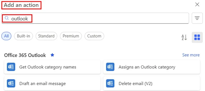Outlook power automate add an action
