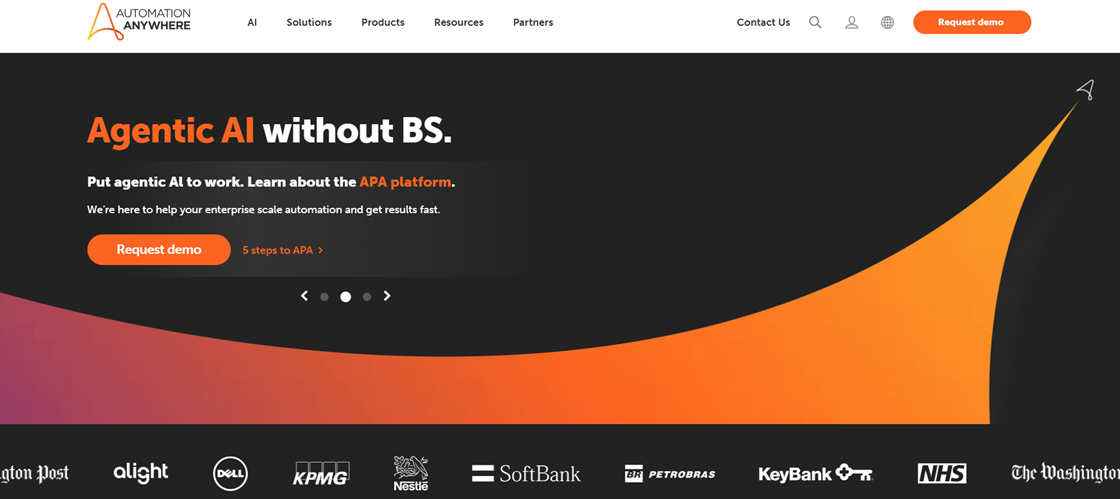 Automation Anywhere homepage highlighting agentic AI as a robust UiPath alternative.