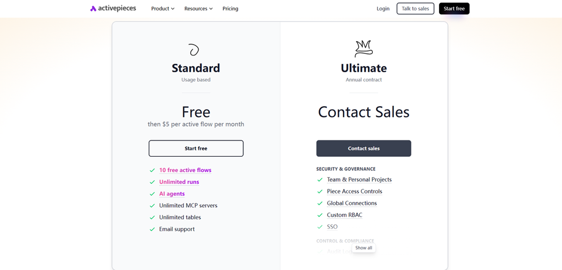 Activepieces usage-based pricing showing 10 free active flows and unlimited runs, a cost-effective Zapier alternative.