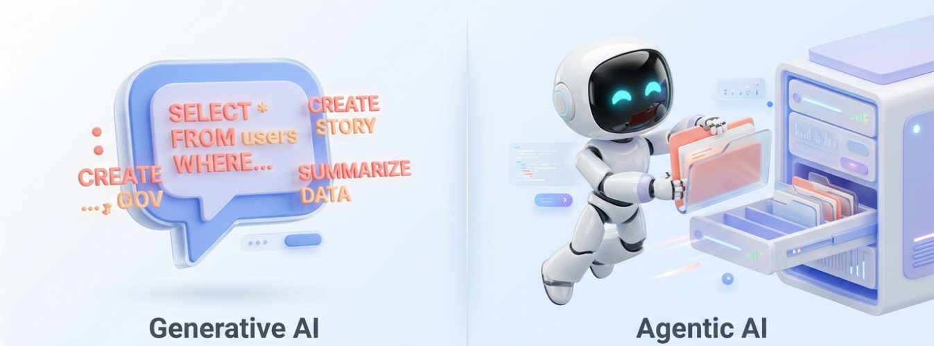 Comparison infographic between Generative AI focusing on content creation and Agentic AI focused on task execution and data organization