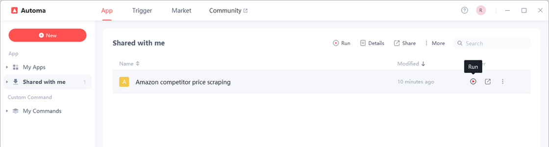 Running a shared Amazon competitor workflow for scraping prices from websites in Automa app.
