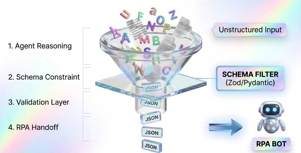 Workflow funnel showing Agent Reasoning and Schema Constraint filtering unstructured input into JSON for RPA bot handoff