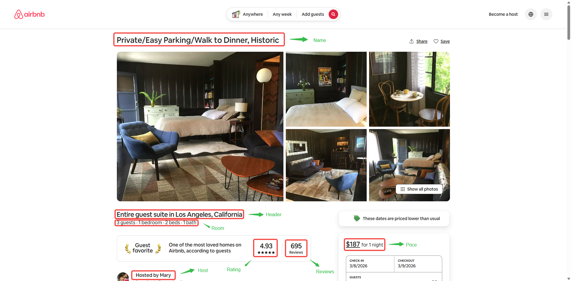 A detailed Airbnb listing page showing tagged elements for web scraping extraction, including property name, price per night, guest ratings, and host information.