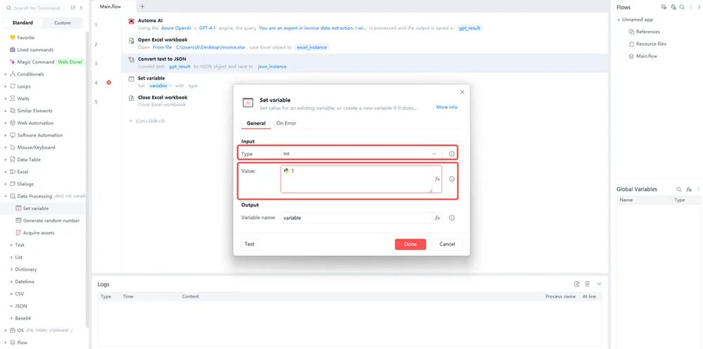 Setting a variable in Automa RPA tool during invoice data extraction process