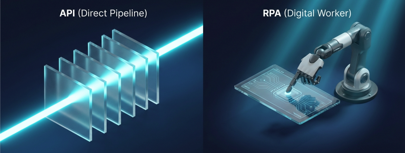 Comparison of API direct pipelines and RPA digital workers in the context of erp automation mechanics.
