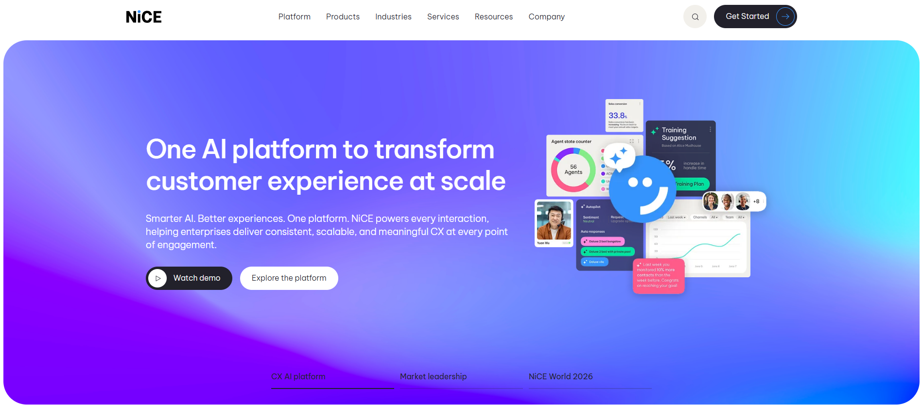NICE CX AI platform dashboard for transforming customer experience at scale, a niche-leading solution from top RPA vendors.
