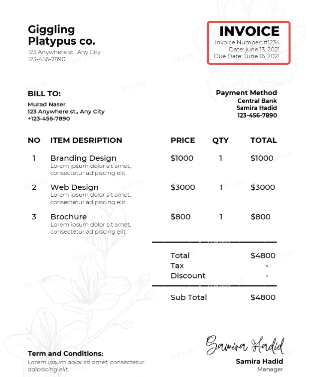 Invoice shows dates IDs and references