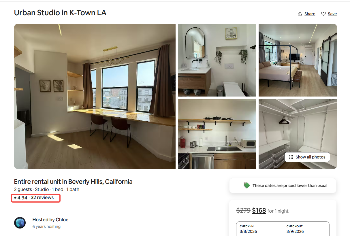 An Airbnb listing for a studio in Beverly Hills, California, showing a standard rating and review count without the 'Guest favorite' badge for scraping logic comparison.