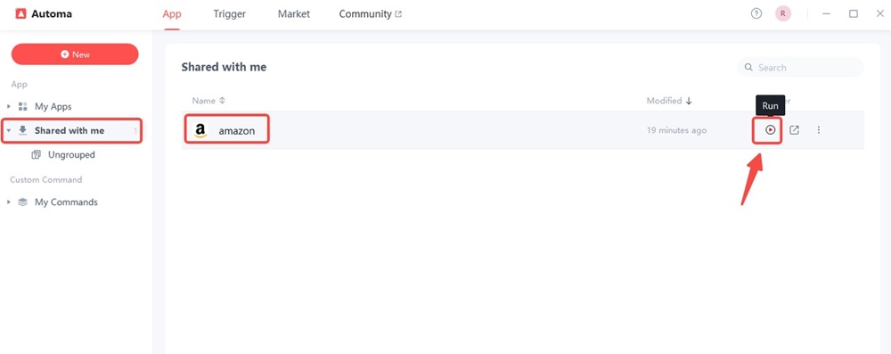 Automa app interface with shared with me and run button selected