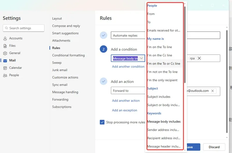 Rule-based auto responses in Outlook for email automation step 3