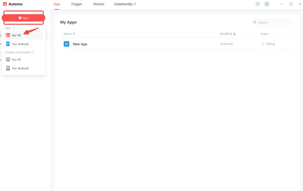 Automa software dashboard creating a new App for PC for invoice automation projects