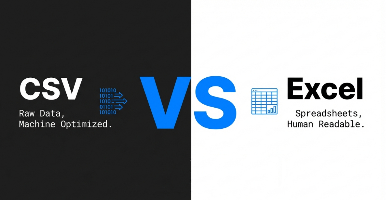 Comparison banner titled 'The Battle Between Human Readability and Machine Efficiency,' defining CSV for raw data and Excel for human-readable spreadsheets.