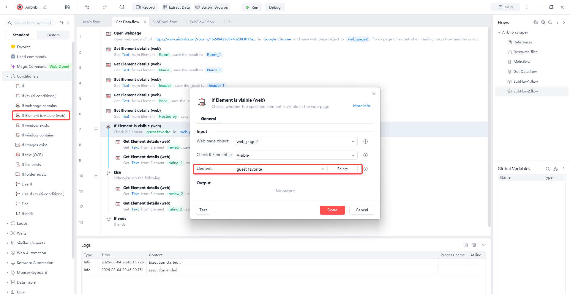 Configuring 'If Element is visible' conditional logic in Automa to check for the 'guest favorite' badge on an Airbnb listing during web scraping.