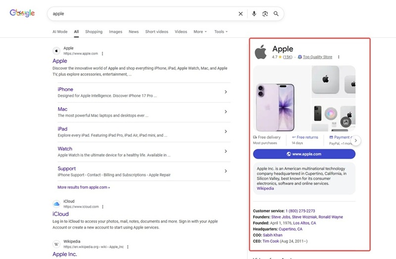 Google knowledge panel displaying Apple products company info and contact