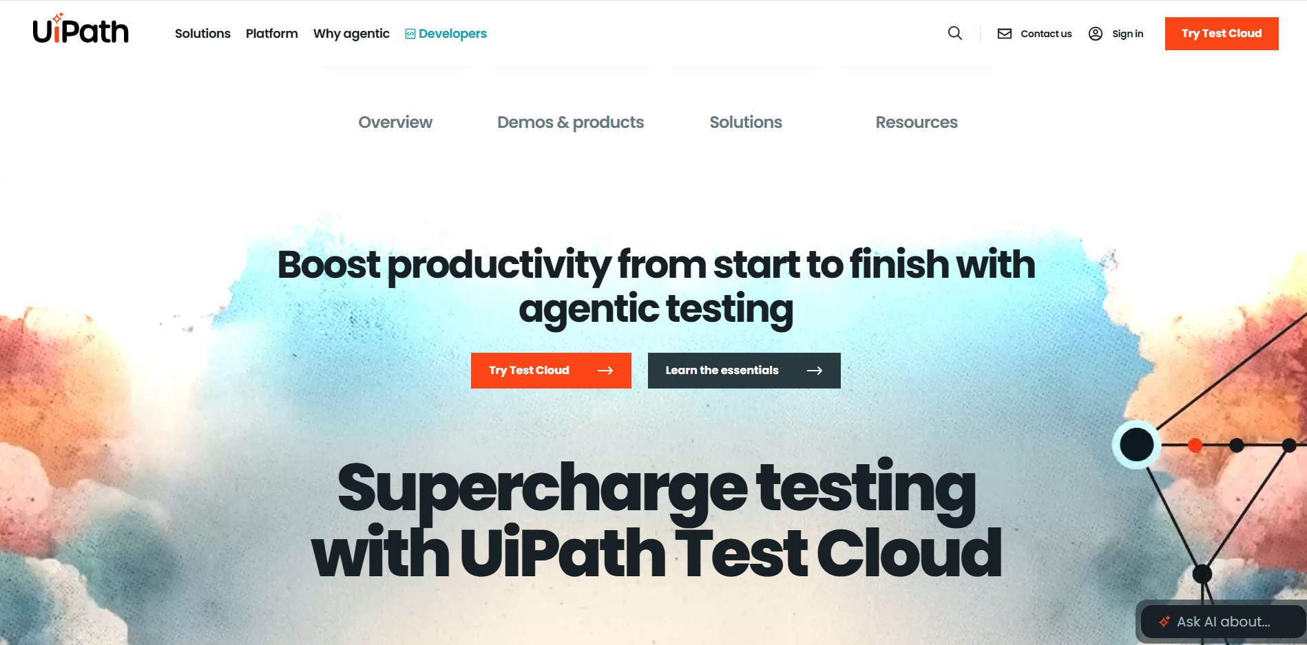 UiPath Test Cloud interface promoting agentic testing to boost productivity, from one of the world's top RPA vendors.