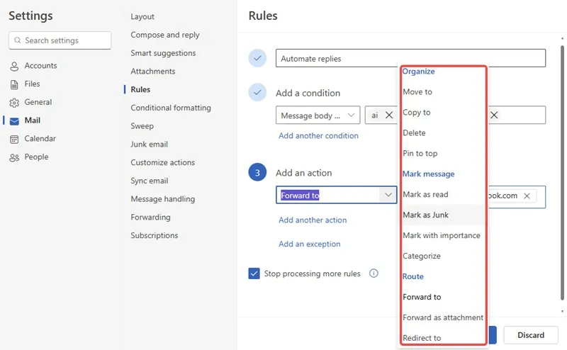 Rule-based auto responses in Outlook for email automation step 4