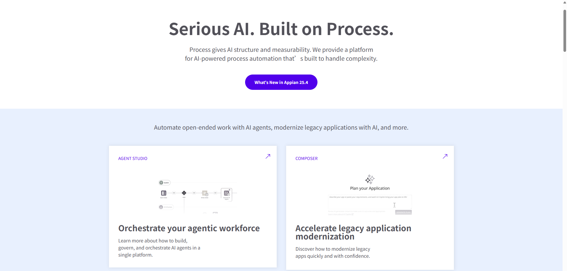 Appian Agent Studio for orchestrating an agentic workforce, a high-complexity Blue Prism alternative.