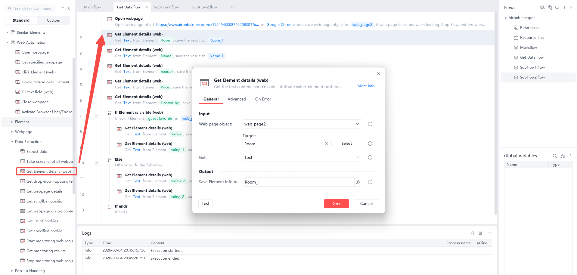 Configuring the 'Get Element details' command in Automa to scrape specific data like room type, property name, and price from an Airbnb listing page.
