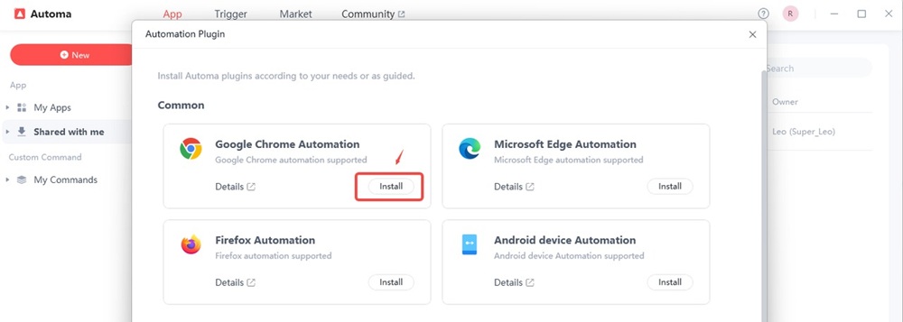 Automa plugin page showing Google chrome automation isntall button