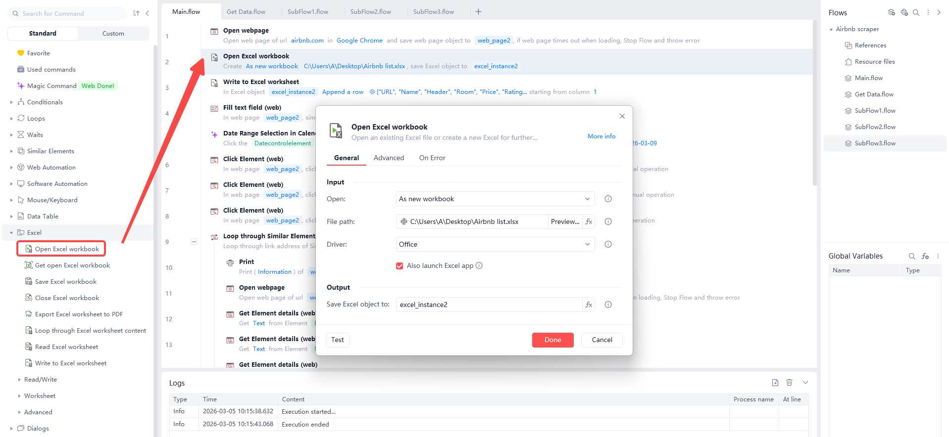 Configuring the 'Open Excel workbook' command in Automa to create a new spreadsheet for saving scraped Airbnb listing data.
