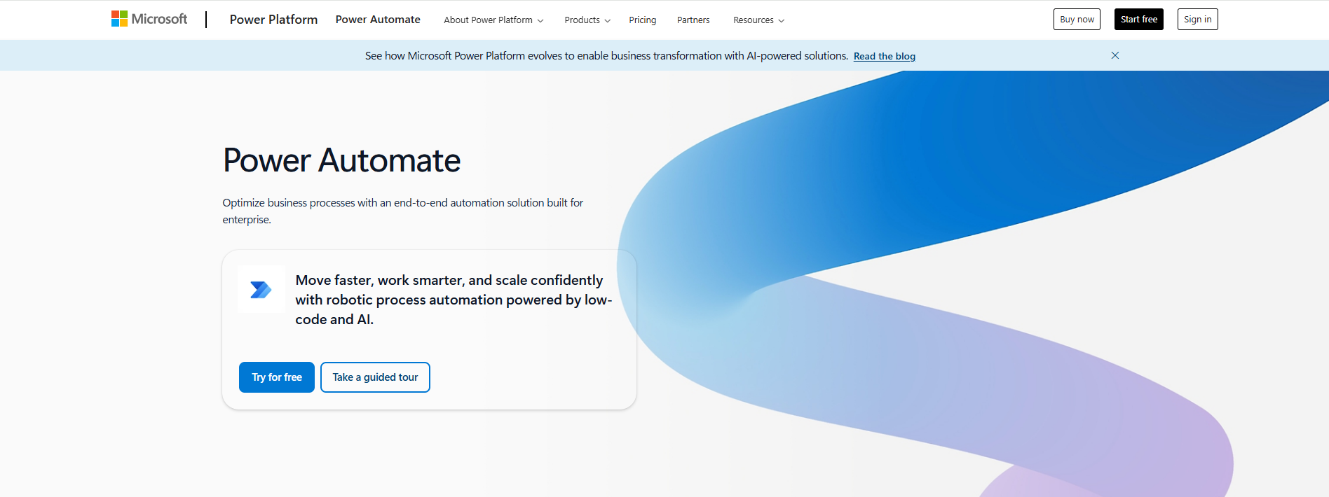 Microsoft Power Automate end-to-end automation solution, featuring low-code and AI as a leading best RPA software choice