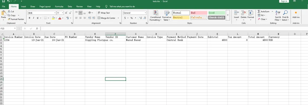 The Excel containing the invoice data on your computer desktop