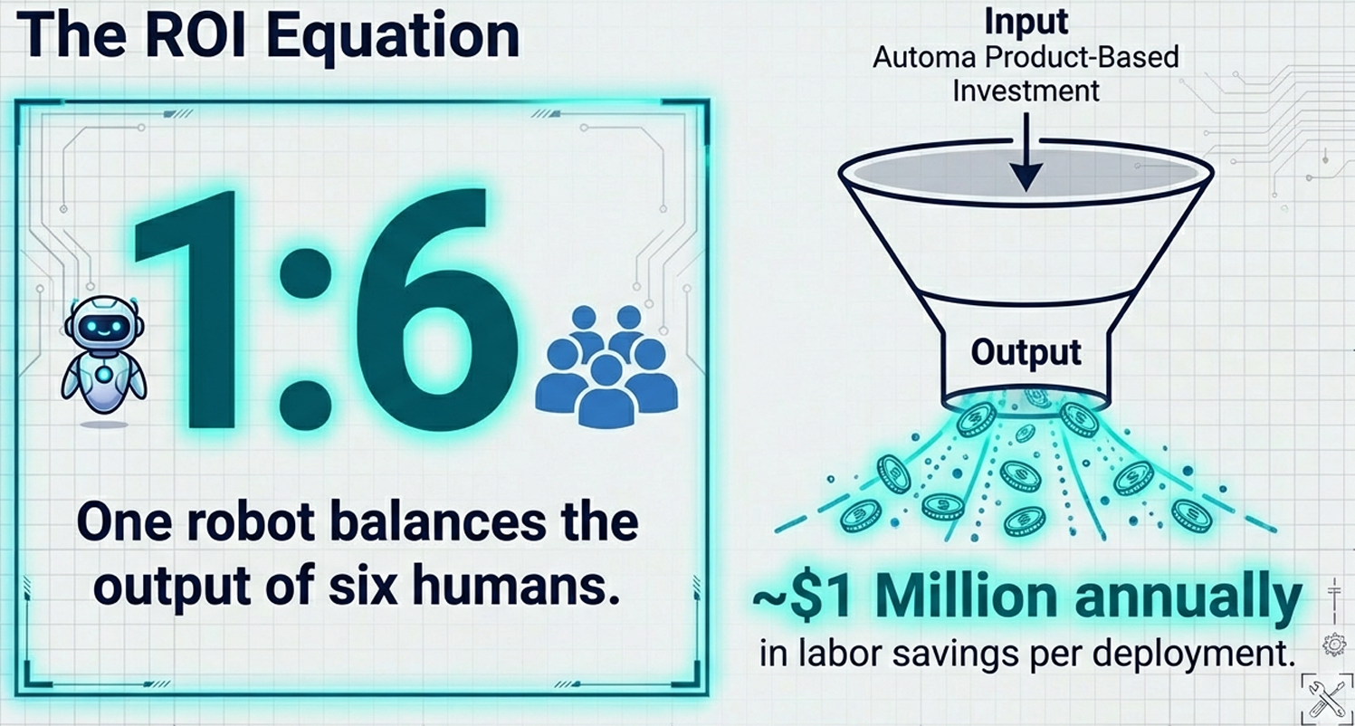 ROI equation for rpa vs intelligent automation: 1 robot replaces 6 humans, saving $1M annually per deployment via automation product-based investment funnel.
