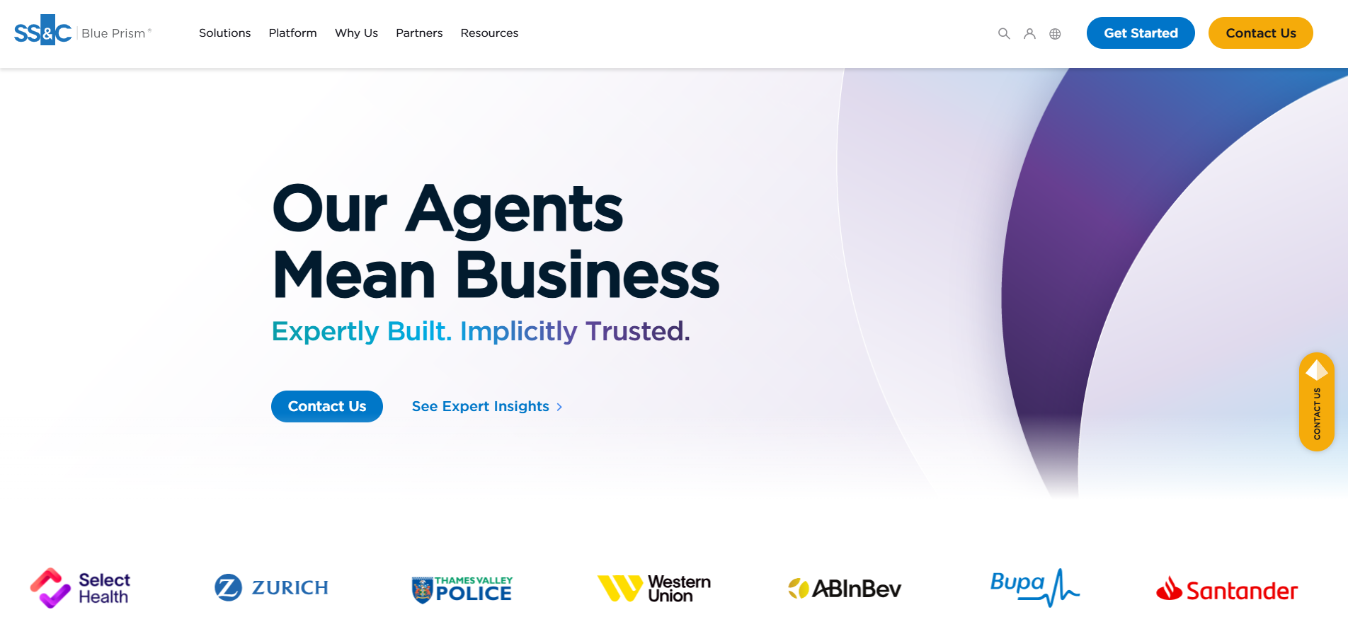 The SS&C Blue Prism homepage highlighting their expertly built and trusted AI agents as a leader among top RPA vendors.