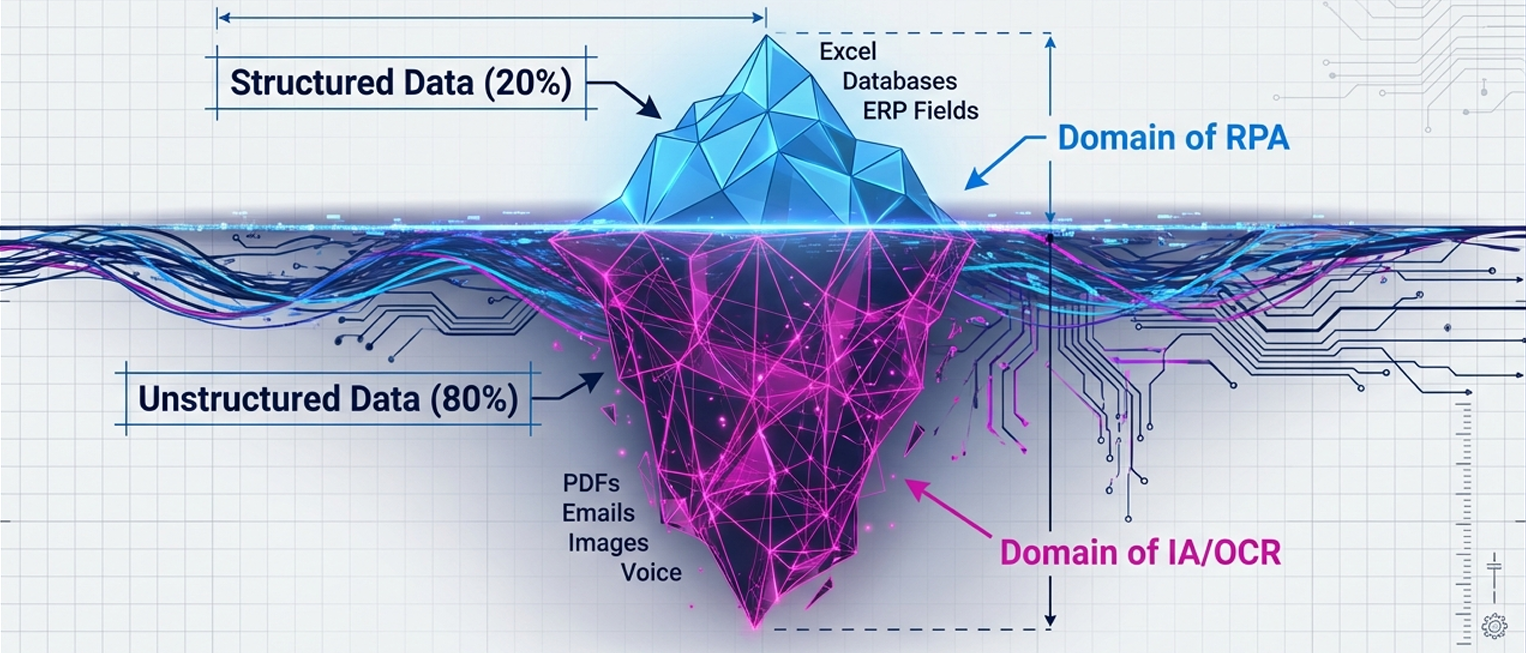 Data iceberg for rpa vs intelligent automation: RPA handles 20% structured data, while IA/OCR covers 80% unstructured data like PDFs, emails, and images.